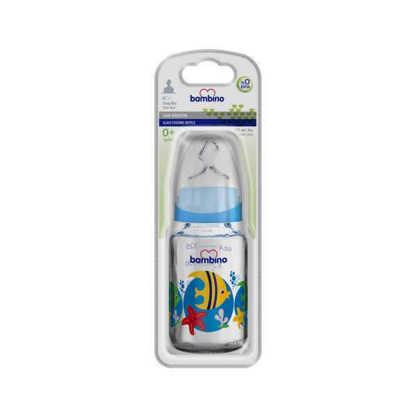 Bambino 125ml Glass Baby Bottle - Slow Flow, Non-Toxic, Blue Fish Design by Beauty Care Bag