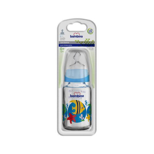 Bambino 125ml Glass Baby Bottle - Slow Flow, Non-Toxic, Blue Fish Design by Beauty Care Bag