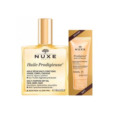 Nuxe Huile Prodigieuse Skincare and Haircare Set - Multi-purpose Dry Oil and Shower Gel for Moisturized Skin and Hair by Beauty Care Bag