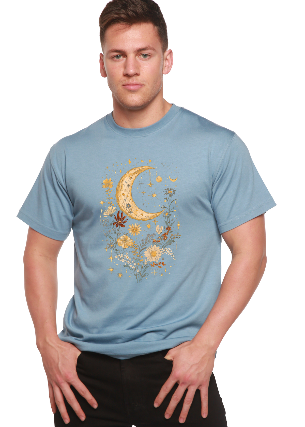 Celestial Moon Boho Flowers Vintage unisex bamboo graphic T-shirt – view 3