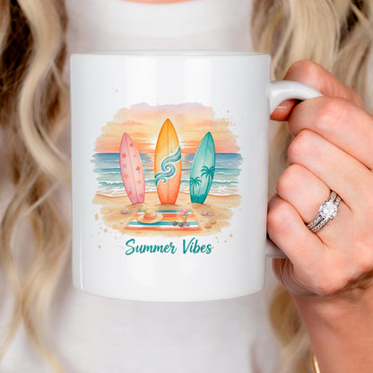 Summer Vibes Mug – Coastal Coffee Cup With Surfboard Art And Ocean Sunset Design by Joyful Moose