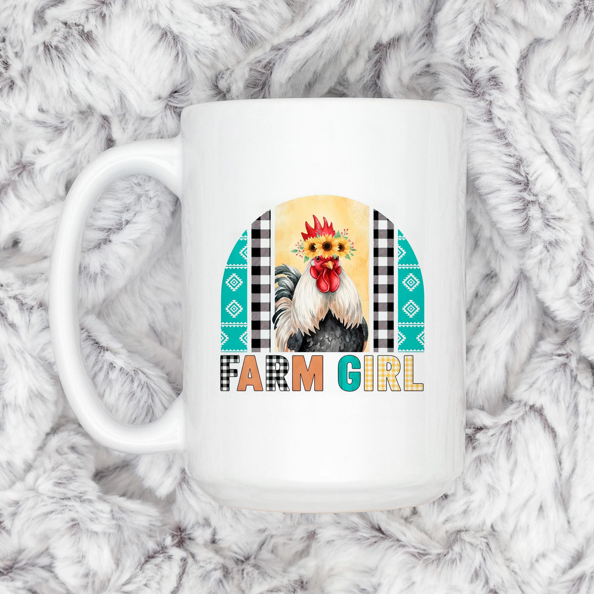 Farm Girl Mug – Rustic Farmhouse Coffee Cup with Sunflower Chicken Art by Joyful Moose