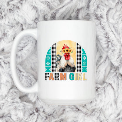 Farm Girl Mug – Rustic Farmhouse Coffee Cup with Sunflower Chicken Art by Joyful Moose