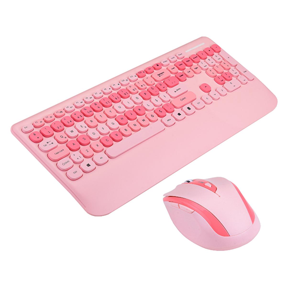 Everest Wireless Keyboard and Mouse Set - 2.4Ghz Wireless Combo, TR Layout Keyboard, 1600 DPI Mouse, Ergonomic Wrist Rest - Everest Renkli Tuşlu Pembe Kablosuz Q Multimedia Klavye + Mouse Set by Beauty Care Bag