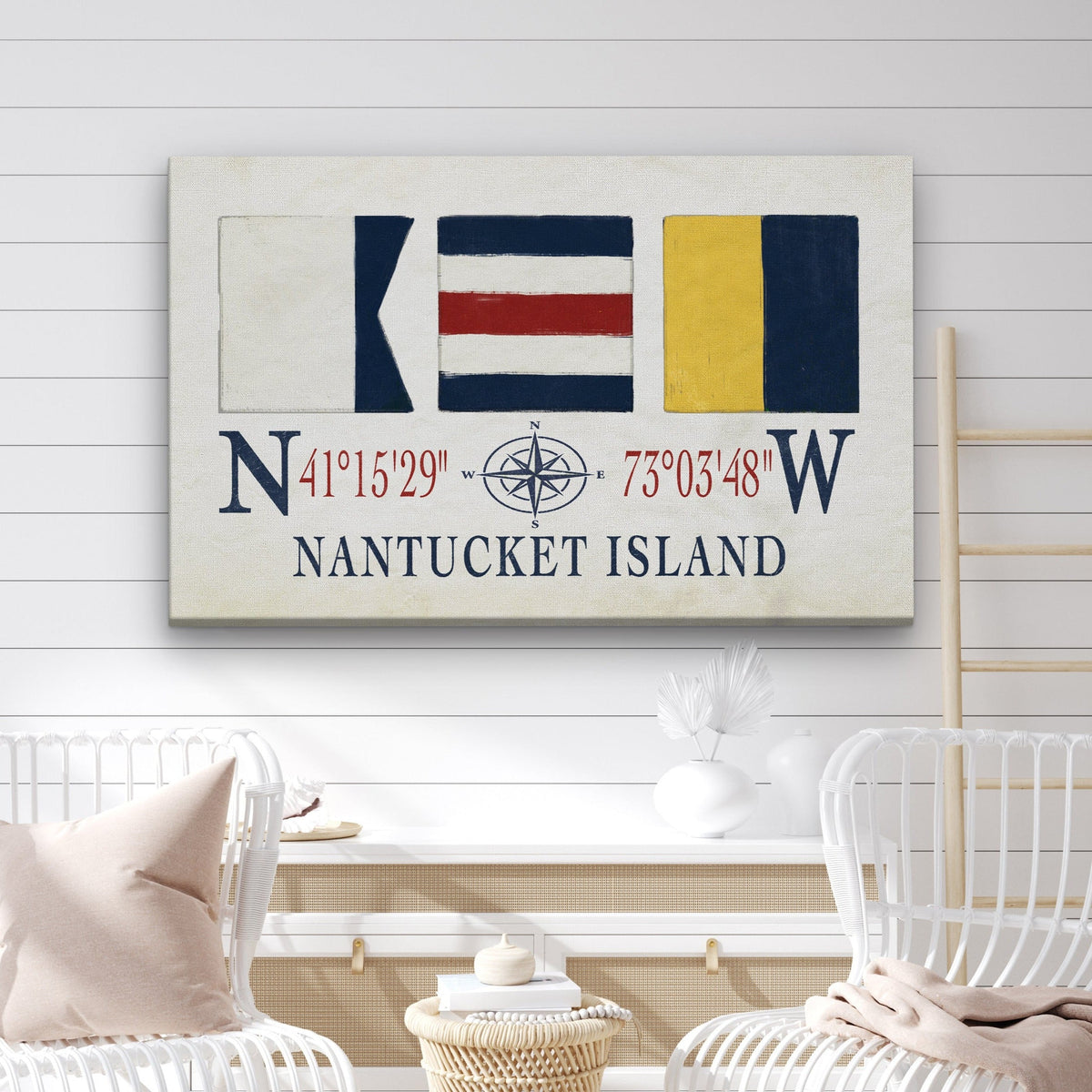 Nantucket Sign With Latitude Longitude Coordinates and ACK Maritime Flags by Off The Square Designs