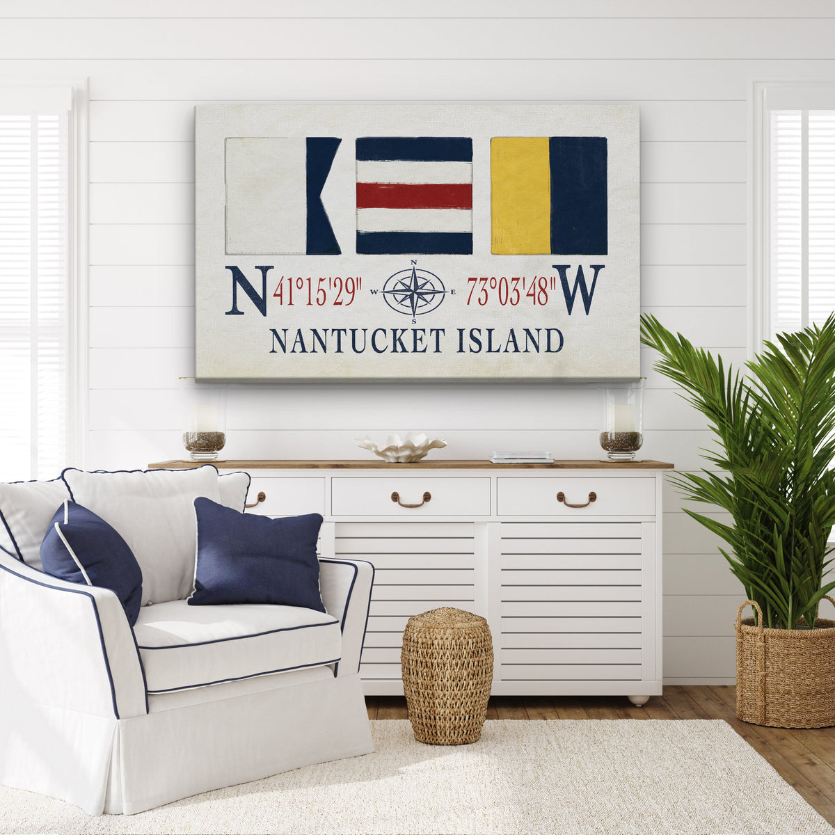 Nantucket Sign With Latitude Longitude Coordinates and ACK Maritime Flags by Off The Square Designs
