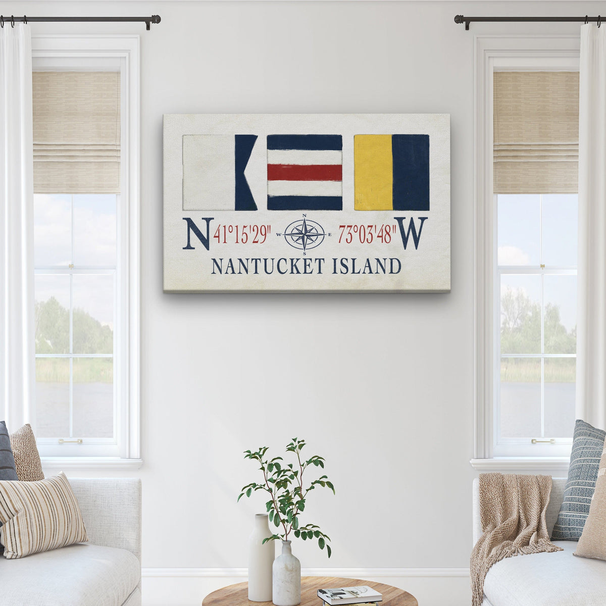 Nantucket Sign With Latitude Longitude Coordinates and ACK Maritime Flags by Off The Square Designs