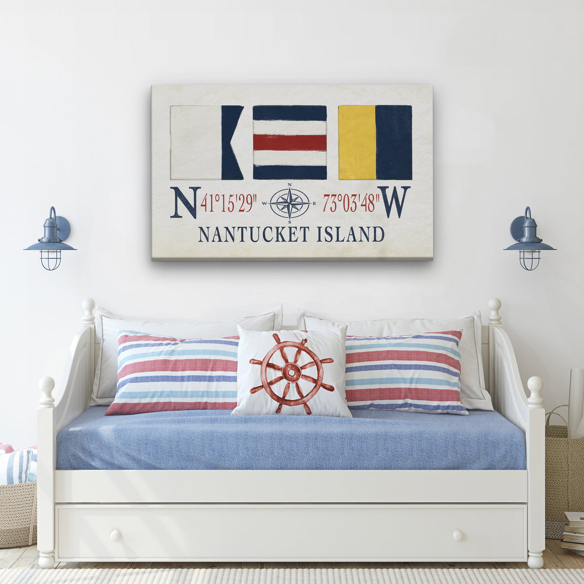 Nantucket Sign With Latitude Longitude Coordinates and ACK Maritime Flags by Off The Square Designs