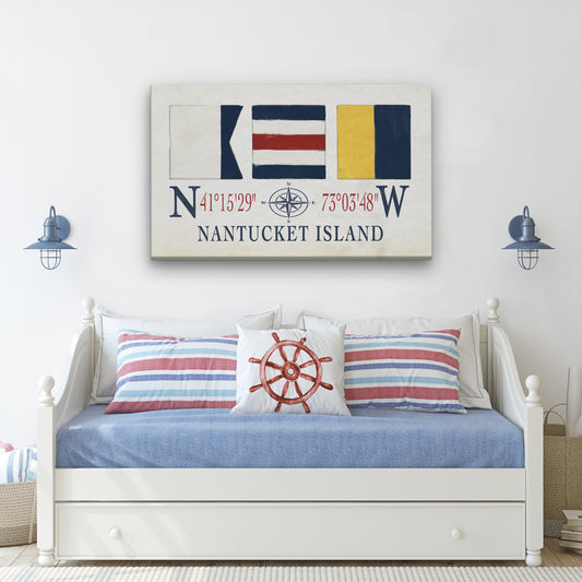 Nantucket Sign With Latitude Longitude Coordinates and ACK Maritime Flags by Off The Square Designs