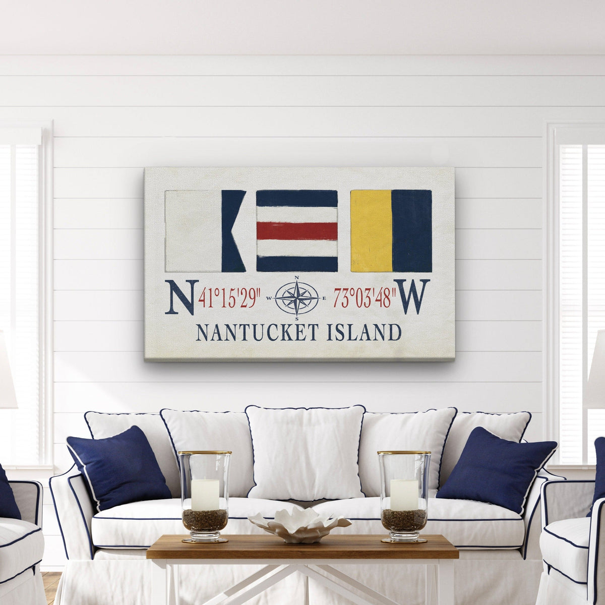 Nantucket Sign With Latitude Longitude Coordinates and ACK Maritime Flags by Off The Square Designs