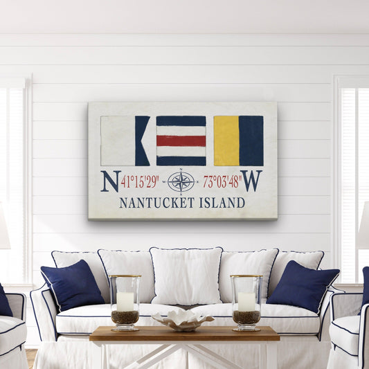 Nantucket Sign With Latitude Longitude Coordinates and ACK Maritime Flags by Off The Square Designs