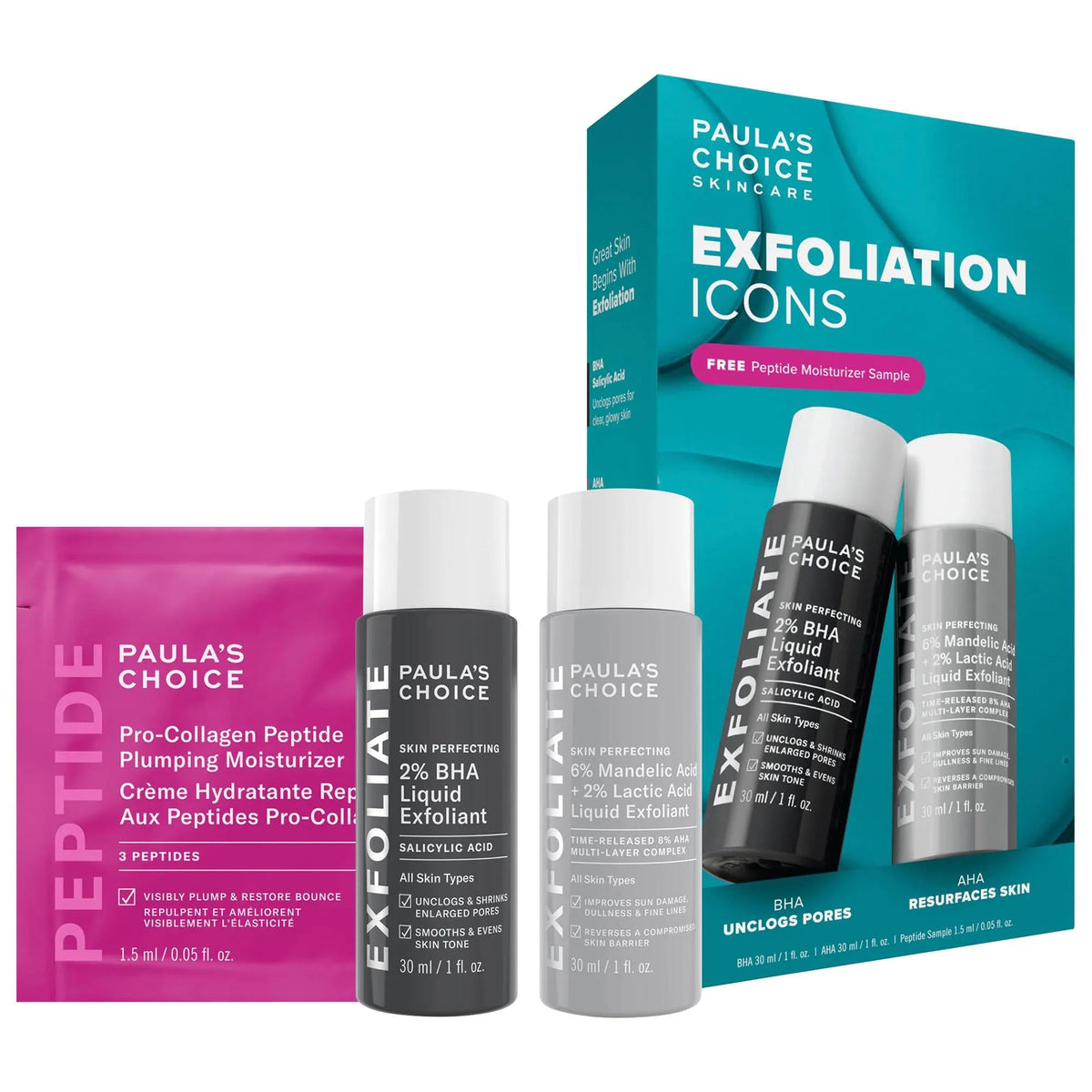 Exfoliation Icons: Brighten Skin & Minimize Pores with BHA, Mandelic & Lactic Acid Facial Exfoliant Kit - Vegan & Cruelty-Free by Beauty Care Bag