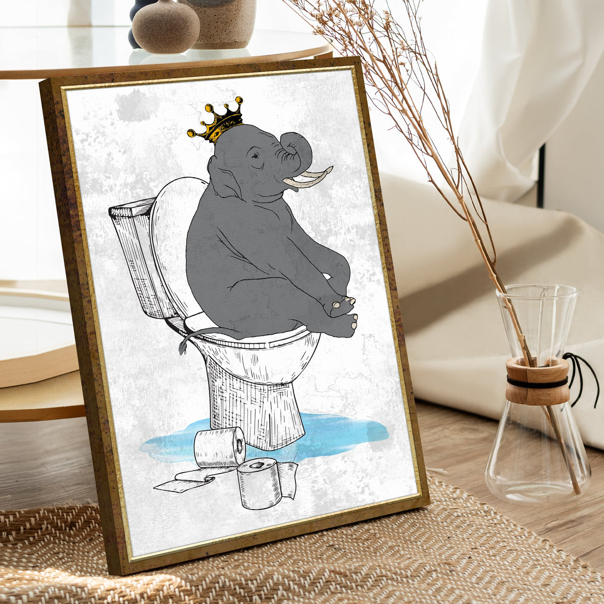 King Elephant On Toilet Canvas Wall Art by Tailored Canvases