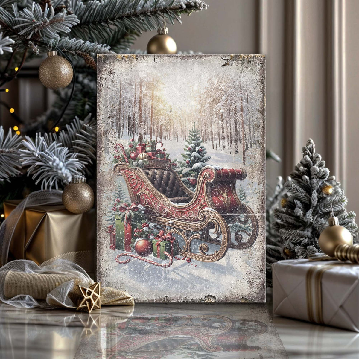 Vintage Christmas Sleigh Sled Wall Art by Tailored Canvases