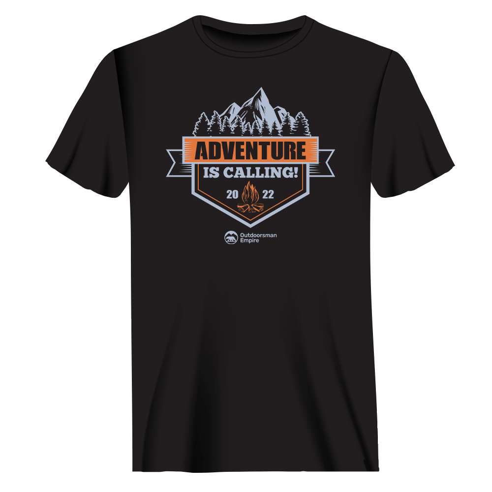 Adventure Is Calling men's tee, red option, by Outdoorzees in black