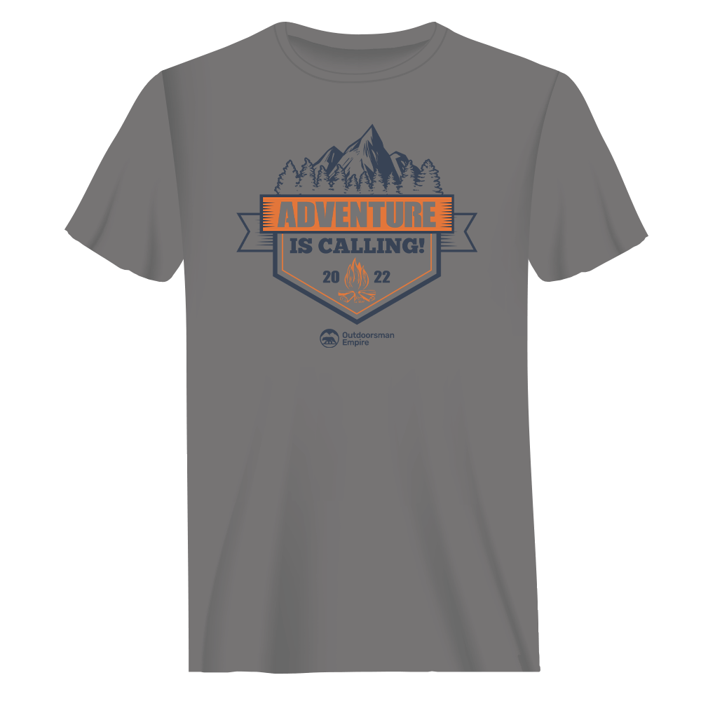 Adventure Is Calling men's tee, red option, by Outdoorzees in gray