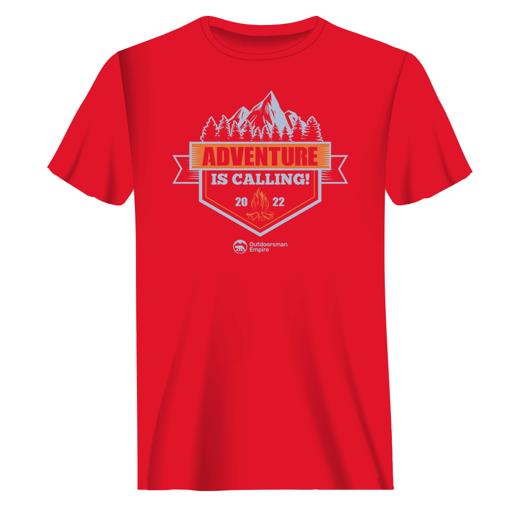 Adventure Is Calling men's tee, red option, by Outdoorzees in red