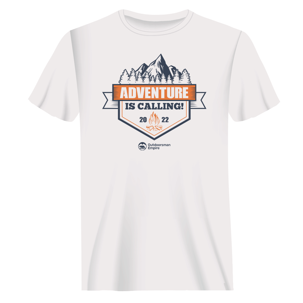 Adventure Is Calling men's tee, red option, by Outdoorzees in white