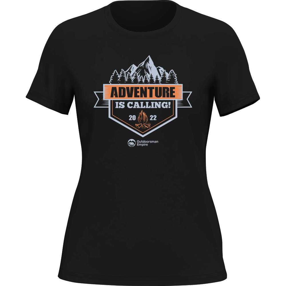 Adventure Is Calling women's tee, heliconia option, by Outdoorzees in black
