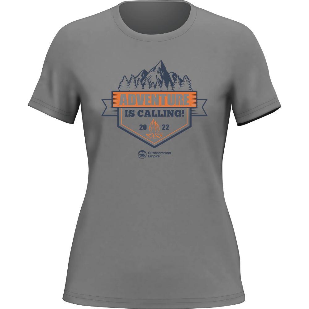 Adventure Is Calling women's tee, heliconia option, by Outdoorzees in gray
