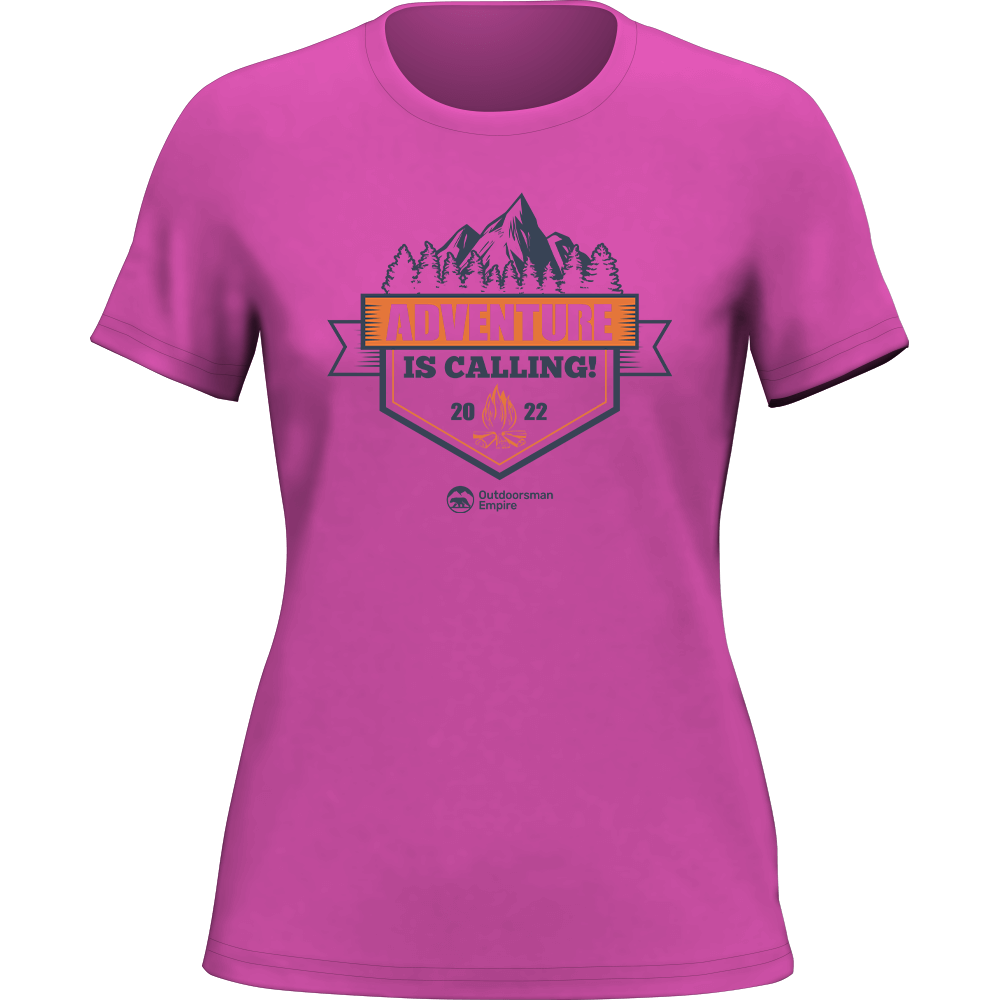 Adventure Is Calling women's tee, heliconia option, by Outdoorzees in pink
