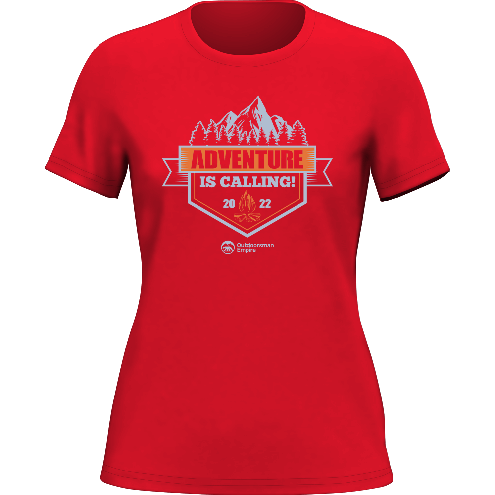 Adventure Is Calling women's tee, heliconia option, by Outdoorzees in red