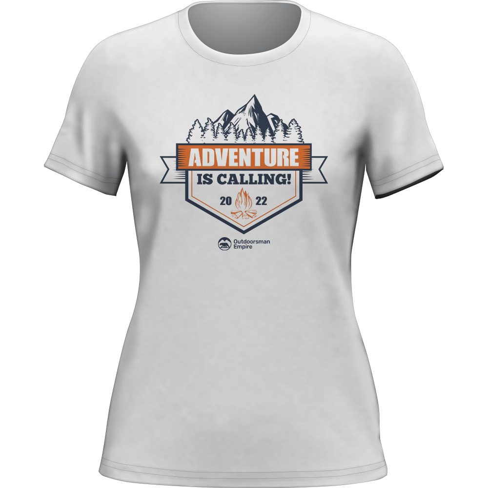 Adventure Is Calling women's tee, heliconia option, by Outdoorzees in white