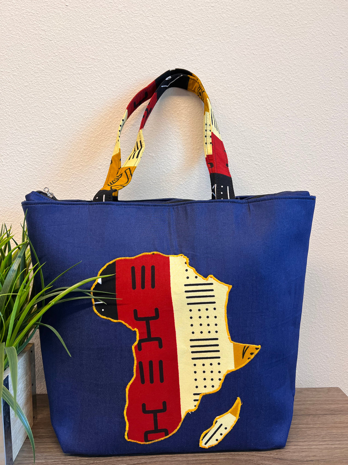 Denim tote bag with African map print