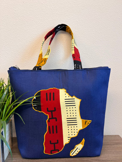 Denim tote bag with African map print