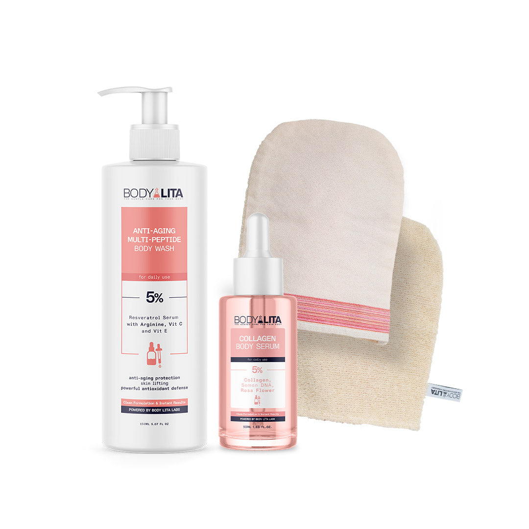 BodyLita Perfect Skin Routine Set, Bath Loofah + Multi-Peptide Body Wash + Collagen Body Serum, 3-Piece Anti-Aging Bundle by Beauty Care Bag