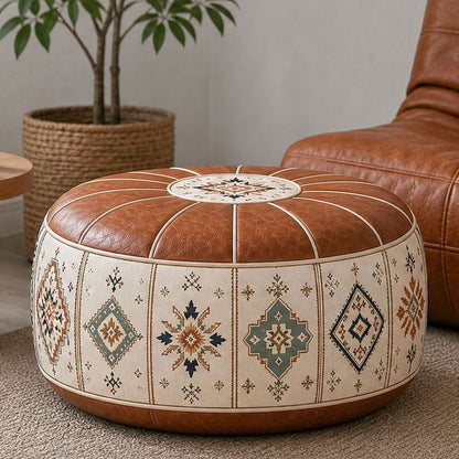 Bohemian ottoman pouf cover with water-resistant PU leather top — cover only; filling not included