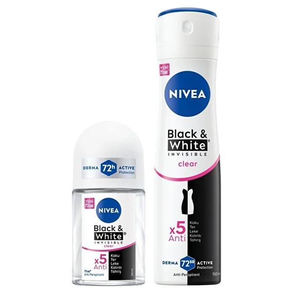 NIVEA Women's Anti-perspirant Deodorant Black&White Invisible Clear 150ml + Mini Roll-on 25ml - Long-lasting, Dermatologically Tested by Beauty Care Bag