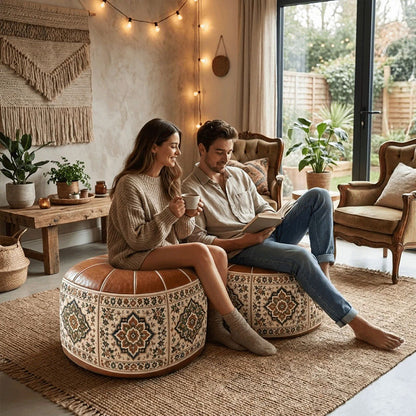 Bohemian ottoman pouf cover with water-resistant PU leather top — cover only; filling not included