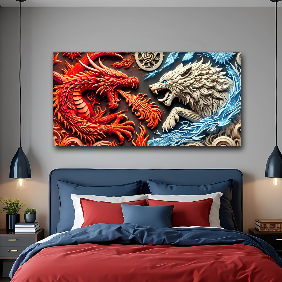 3D Dragon and Wolf Wall Art V canvas by Tailored Canvases shown in a room setting, view 2