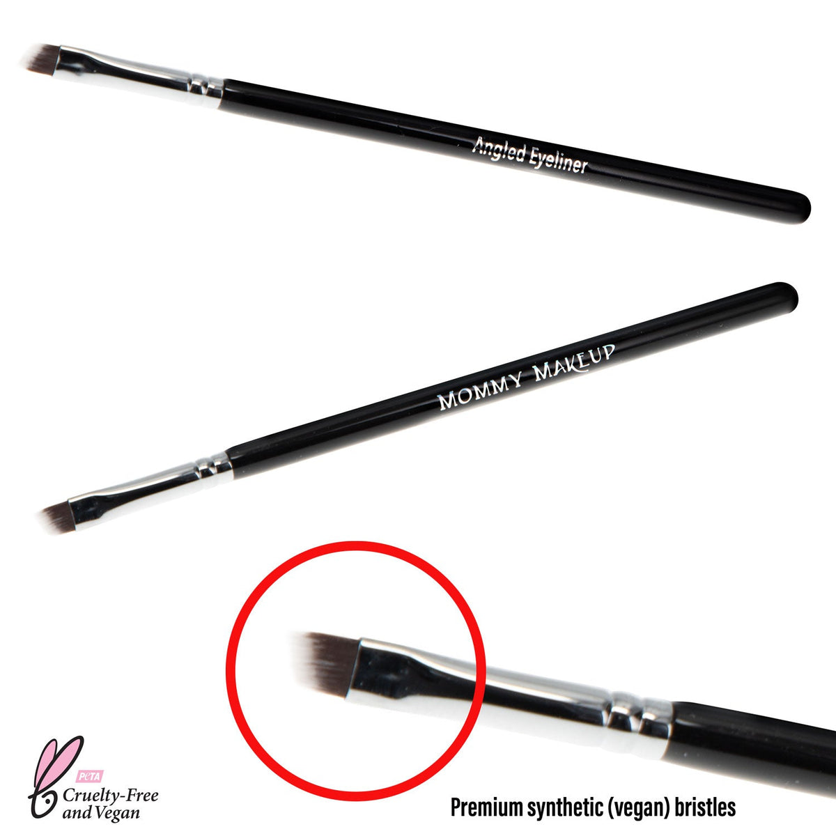 Angled eyeliner brush with short handle and soft bristles