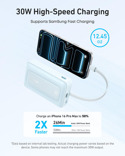 Anker Zolo Power Bank (10K, 30W) with a 5.4-inch (13.7 cm) built-in USB-C cable. by Anker