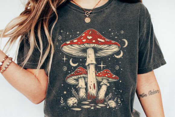 Boho Retro Hippie Mushrooms Natural unisex bamboo graphic T-shirt – view 2