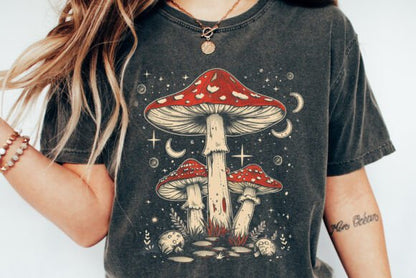Boho Retro Hippie Mushrooms Natural unisex bamboo graphic T-shirt – view 2
