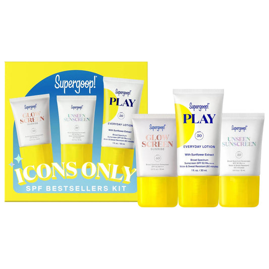 Icons Only: SPF Bestseller Kit - Invisible Sunscreen SPF 50, Glowscreen SPF 40 & PLAY Lotion SPF 50 | Reef-Safe, Broad Spectrum Sun Protection & Hydration by Beauty Care Bag