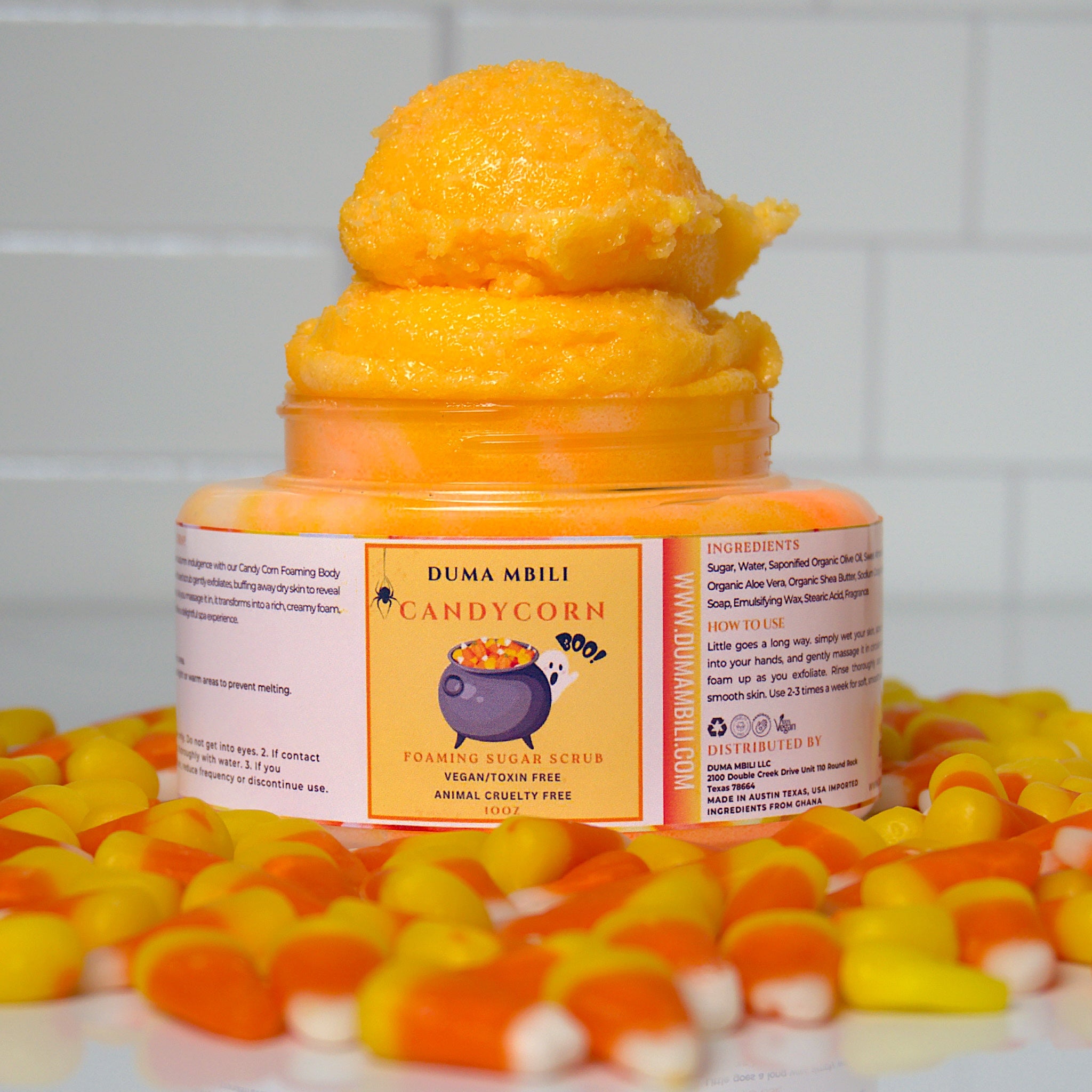 Candy corn foaming sugar scrub with vanilla and caramel scent