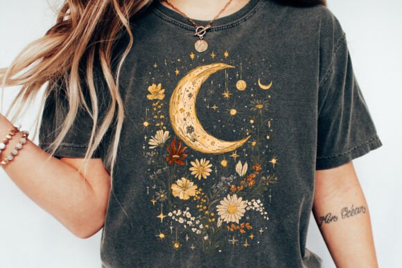 Celestial Moon Boho Flowers Vintage unisex bamboo graphic T-shirt – view 2