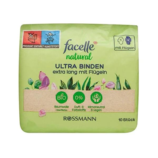Facelle Extra Long Natural Ultra Thin Menstrual Pads - 10 Count - Soft, Vegan, & Dermatologically Tested for Sensitive Skin - Feminine Hygiene Pads by Beauty Care Bag
