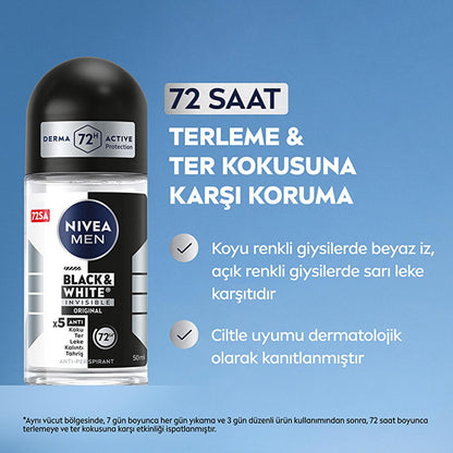 Nivea Men Deodorant - Nivea Men Erkek Roll-on Deodorant Black & White Invisible Original 50 ml - Long Lasting Anti-Perspirant Protection by Beauty Care Bag