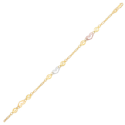14k tri-color gold anklet with multi color heart stations, 10 inch, Avera Group