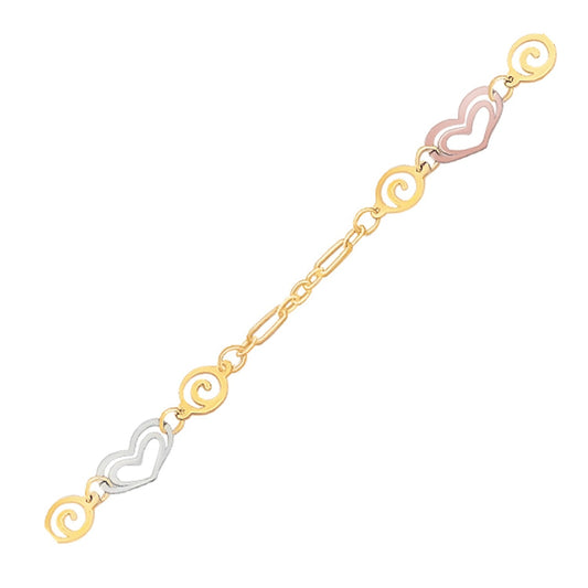 14k tri-color gold anklet with multi color heart stations, 10 inch, Avera Group, view 2