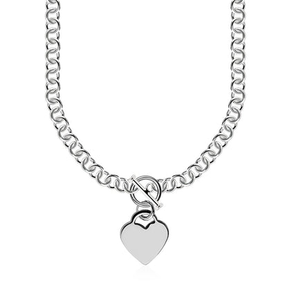 Sterling Silver Rolo Chain with a Heart Toggle Charm and Rhodium Plating by Avera Group