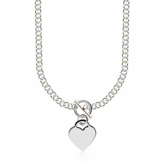 Sterling Silver Rhodium Plated Rolo Chain Necklace with a Heart Toggle Charm by Avera Group