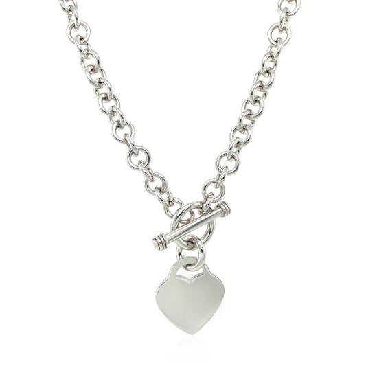 Sterling Silver Rhodium Plated Rolo Chain Necklace with a Heart Toggle Charm by Avera Group