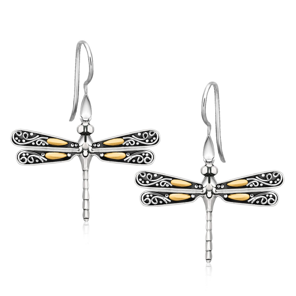18k yellow gold and sterling silver dragonfly drop earrings by Avera Group