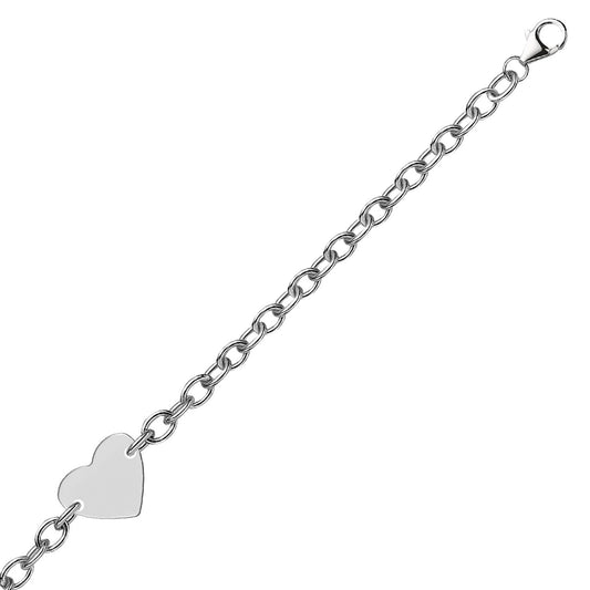 Sterling Silver Rhodium Plated Chain Bracelet with a Flat Heart Station by Avera Group